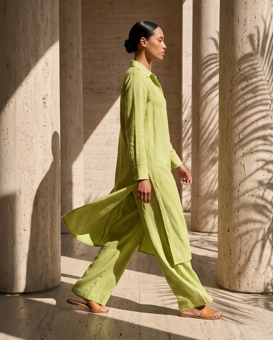 Linen co-ord set in Avocado Geen